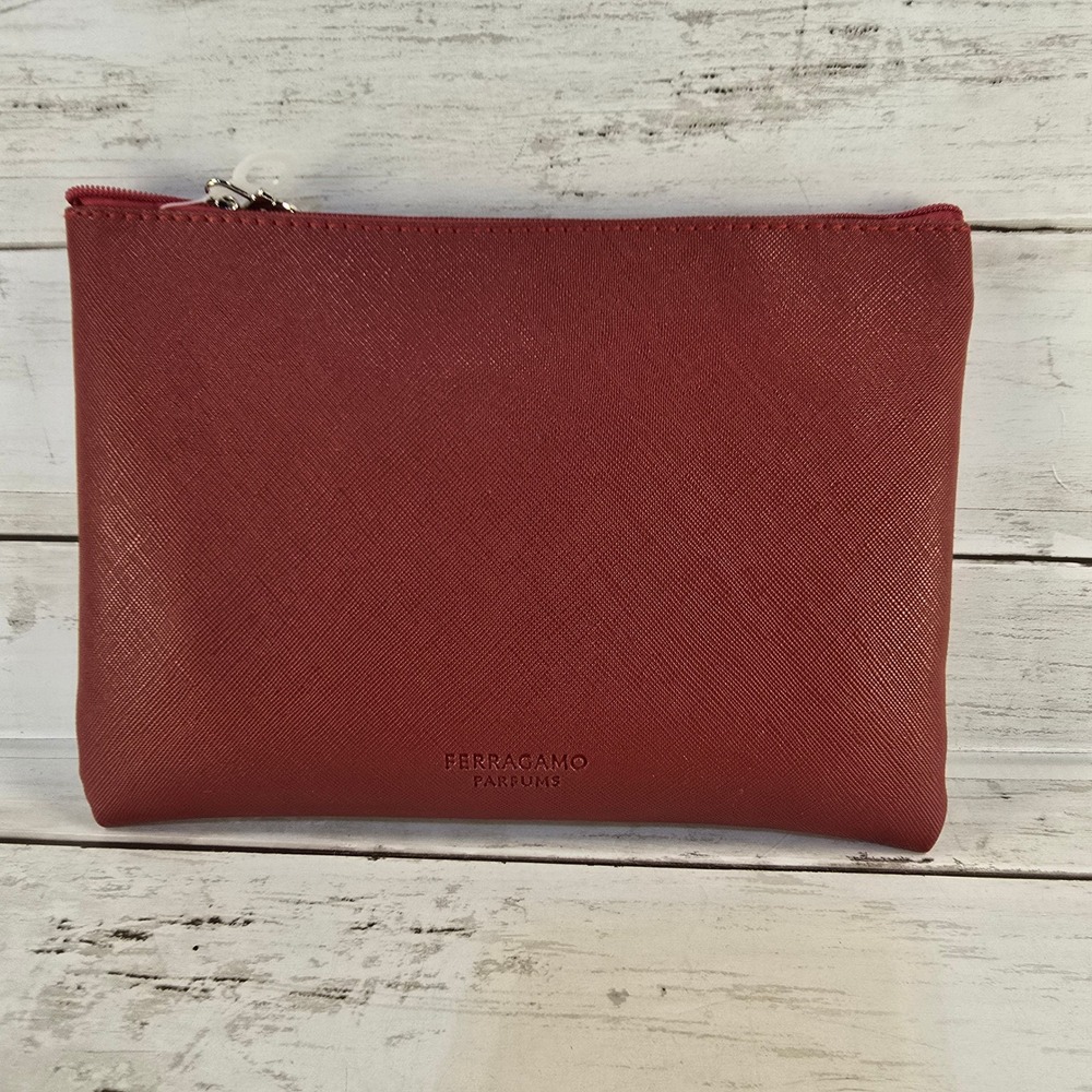 NEW Salvatore Ferragamo Parfums Red Saffiano Zip Cosmetic Makeup Bag Travel